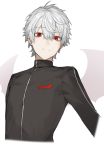  1boy bangs black_jacket cropped_torso ear_piercing enosan eyebrows_visible_through_hair hair_between_eyes highres jacket kuzuha_(nijisanji) long_sleeves male_focus nijisanji piercing raised_eyebrow red_eyes silver_hair simple_background solo track_jacket upper_body virtual_youtuber white_background wings 