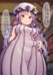  1girl absurdres book breasts crescent dress eyebrows_visible_through_hair hat highres indoors library long_hair mamemochi medium_breasts mob_cap patchouli_knowledge plump purple_hair red_eyes sleeveless sleeveless_dress solo speech_bubble striped touhou translation_request vertical-striped_dress vertical_stripes wavy_mouth white_headwear 