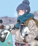  1girl blue_hair blush breath cold gloves ground_vehicle hair_bun helmet highres motor_vehicle nature open_mouth outdoors purple_eyes scarf scooter shima_rin solo winter_clothes xiao_chichi yamaha_vino yurucamp 