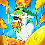  &lt;3 &lt;3_eyes 1:1 absurd_res anthro black_nose canid canine cheese dairy_products digital_media_(artwork) ears_down eating eyebrows fidget_the_fox food fox fur green_body green_eyes green_fur hair hi_res male mammal pepperoni pivoted_ears pizza simple_background smile solo walk-w-igny white_body white_fur 