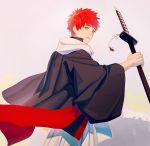  1boy alternate_costume black_kimono fate/grand_order fate_(series) from_side highres holding holding_sword holding_weapon japanese_clothes katana kimono looking_at_viewer male_focus parted_lips red_hair scarf sengo_muramasa_(fate) simple_background solo sumssingbo sword tassel upper_body weapon white_scarf wide_sleeves yellow_eyes 