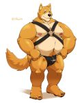  2021 absurd_res anthro belly black_nose brown_body brown_fur canid canine canis clothing domestic_dog fur hi_res jockstrap jumperbear kemono leather_daddy male mammal moobs nipples overweight overweight_anthro overweight_male simple_background solo underwear white_background 