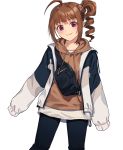  1girl ahoge bangs blue_jacket blue_pants blunt_bangs blush brown_hoodie brown_scrunchie closed_mouth commentary_request cowboy_shot drawstring drill_hair eyebrows_visible_through_hair fanny_pack hair_ornament hair_scrunchie hood hood_down hoodie idolmaster idolmaster_million_live! jacket kamille_(vcx68) long_sleeves looking_at_viewer open_clothes open_jacket pants purple_eyes scrunchie shiny shiny_hair shirt short_hair side_ponytail sidelocks simple_background sleeves_past_fingers sleeves_past_wrists smile solo standing two-tone_jacket white_background white_jacket white_shirt yokoyama_nao 