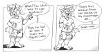  anthro barefoot bottomwear canid canine canis cargo_shorts clothing comic domestic_dog english_text gesture hi_res male mammal matt_riskely monochrome open_mouth pointing shirt shorts simple_background solo t-shirt teeth_showing text tinydeerguy tongue_showing topwear watermark white_background 