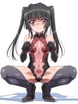  1girl bangs black_hair black_legwear blunt_bangs blush covered_navel covered_nipples elbow_gloves gloves high_heels highres impossible_clothes impossible_leotard leotard long_hair looking_at_viewer pink_eyes pink_leotard senki_zesshou_symphogear shiny shiny_clothes shiny_hair shiny_skin shunzou simple_background skin_tight solo spread_legs squatting thighhighs tsukuyomi_shirabe twintails white_background 