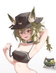  1girl :d animal_ear_fluff animal_ears arknights arm_up armpits ass bandeau bangs bare_shoulders beanstalk_(arknights) black_choker black_headwear camisole choker commentary_request ears_through_headwear fedora grey_hair hair_between_eyes hat highres ling_huanxiang long_hair looking_at_viewer midriff open_mouth partial_commentary red_eyes simple_background smile solo spaghetti_strap strap_pull upper_body white_background 