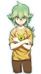  1boy bangs brown_shorts closed_mouth commentary_request crossed_arms eyebrows_visible_through_hair green_eyes green_hair hair_between_eyes jewelry long_hair looking_at_viewer male_focus n_(pokemon) nagiru necklace pokemon pokemon_(game) pokemon_bw shirt short_sleeves shorts solo t-shirt younger 
