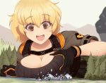  1girl bangs bgm-71_(girls_frontline) black_gloves breasts brown_eyes brown_hair cleavage collarbone doppelsoldner_(girls_frontline) eyebrows_visible_through_hair forest giant giantess girls_frontline gloves large_breasts nature open_mouth paradeus short_hair short_sleeves smile solo tree yohomeboyraps 