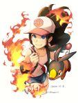  1girl antenna_hair black_vest blue_eyes brown_hair commentary_request dated fire floating_hair gen_5_pokemon hand_up highres hilda_(pokemon) long_hair looking_to_the_side nagiru pokemon pokemon_(creature) pokemon_(game) pokemon_bw shirt short_shorts shorts sidelocks smile starter_pokemon tepig vest white_shirt 