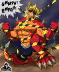 abs angry anthro biceps blindfold blonde_hair bodily_fluids body_hair bound bulge chest_hair claws clothing dragon drum_bunker_dragon flexing future_card_buddyfight hair hi_res horn male muscular muscular_anthro muscular_male nipples onodera pecs red_body scarf solo struggling submissive submissive_male sweat teeth underwear 