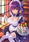  1girl apron bangs blush dessert emanon123 fate/grand_order fate_(series) food hair_ribbon highres long_hair looking_at_viewer maid maid_apron maid_headdress parfait ponytail purple_hair purple_ribbon red_eyes ribbon scathach_(fate)_(all) scathach_(fate/grand_order) scathach_skadi_(fate/grand_order) sidelocks sitting solo stairs thighs tray white_legwear 