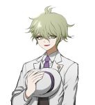  1boy amami_rantarou antenna_hair bangs black_vest collared_shirt danganronpa_(series) danganronpa_v3:_killing_harmony ear_piercing green_eyes green_hair hat hat_removed headwear_removed highres holding holding_clothes holding_hat jacket looking_at_viewer male_focus necktie no_(xpxz7347) official_alternate_costume open_mouth piercing pink_neckwear shirt short_hair simple_background smile vest white_background white_headwear white_jacket white_shirt 