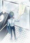  2boys ahoge bangs black_pants brown_hair commentary danganronpa_(series) danganronpa_2:_goodbye_despair from_above from_behind grey_hair grey_shirt hands_against_glass highres hinata_hajime holding indoors komaeda_nagito long_sleeves male_focus messy_hair multiple_boys pants pulling shirt shirt_tucked_in shoes short_hair shower_(place) showering spiked_hair standing tile_floor tiles tuteurfars_shin writing_on_wall yaoi 