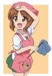  1girl :d animal_print apron arm_up bandana bangs bear_print black_neckwear blouse boko_(girls_und_panzer) brown_eyes brown_hair commentary cowboy_shot eyebrows_visible_through_hair feather_duster from_side girls_und_panzer holding kanau miniskirt neckerchief nishizumi_miho ooarai_school_uniform open_mouth orange_background pink_apron pink_bandana pleated_skirt sailor_collar school_uniform serafuku short_hair skirt sleeves_rolled_up smile solo standing sweat white_blouse white_sailor_collar wiping_sweat 