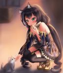  1girl absurdres animal_ear_fluff animal_ears bangs bare_shoulders black_hair black_legwear black_ribbon blurry blurry_background blush bow cat cat_ears cat_girl cat_tail commentary detached_sleeves drill_hair evening eyebrows_visible_through_hair feeding frills gem green_eyes highres huge_filesize karyl_(princess_connect!) kuma_piv long_hair looking_at_another multicolored_hair princess_connect! princess_connect!_re:dive purple_skirt red_bow ribbon shirt sidelocks skirt sleeveless sleeveless_shirt squatting streaked_hair tail twin_drills white_hair wide_sleeves 