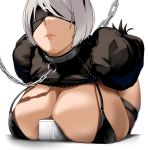  1girl android bakkanki bdsm between_breasts bikini black_bikini black_blindfold black_legwear blindfold bondage bound breastless_clothes breasts chain cleavage collar kneeling large_breasts lips mole mole_under_mouth nier_(series) nier_automata pod_(nier_automata) robot shade shaded_face shadow short_hair sweat sweatdrop swimsuit thighhighs white_background white_hair yorha_no._2_type_b 