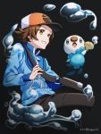  1boy bag baseball_cap black_background black_bag black_pants blue_jacket brown_eyes brown_hair bubble commentary_request gen_5_pokemon hat highres hilbert_(pokemon) jacket long_sleeves male_focus nagiru oshawott pants pokemon pokemon_(creature) pokemon_(game) pokemon_bw seashell shell shoulder_bag smile starter_pokemon zipper_pull_tab 