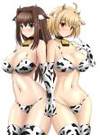  2girls animal_ears animal_print aozaki_aoko arcueid_brunestud bangs bell bikini blonde_hair blush breasts brown_hair cleavage closed_mouth cow_ears cow_horns cow_print cowboy_shot elbow_gloves eyebrows_visible_through_hair gloves green_eyes highres holding_hands horns large_breasts long_hair looking_at_viewer mahou_tsukai_no_yoru multiple_girls navel neck_bell red_eyes short_hair simple_background smile standing swimsuit thighhighs tsukihime white_background yuuk33 