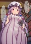  1girl absurdres book breasts crescent dress hat highres indoors library long_hair mamemochi medium_breasts mob_cap open_mouth patchouli_knowledge plump purple_hair red_eyes sleeveless sleeveless_dress solo_focus speech_bubble striped touhou translation_request vertical-striped_dress vertical_stripes white_headwear 
