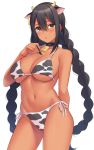  1girl animal_ears animal_print azur_lane bangs bare_shoulders bell bell_collar bikini black_hair blush braid breasts cleavage collar collarbone cow_ears cow_horns cow_print cowbell dark_skin highres horns large_breasts long_hair looking_at_viewer native_american navel open_mouth sidelocks simple_background south_dakota_(azur_lane) super_nagoyaka swimsuit thighs twin_braids white_background white_bikini 