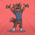  1:1 anthro blue_clothing blue_shirt blue_topwear briefs brown_body brown_fur canid canine canis clothing domestic_dog footwear fur grey_clothing grey_underwear hi_res legwear male mammal matt_riskely motion_lines open_mouth red_background shirt simple_background socks solo t-shirt teeth_showing tinydeerguy tongue_showing topwear underwear white_clothing white_legwear white_socks 
