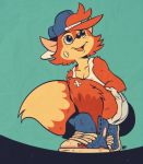  anthro backwards_baseball_cap bandage baseball_cap bottomwear canid canine clothing female fox fox-pop freckles hat headgear headwear hi_res kneeling mammal shorts solo torn_shoes 