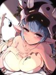  1girl animal_print bangs blue_hair blunt_bangs breasts cleavage commentary_request cow_hat cow_print draph granblue_fantasy highres huge_breasts looking_at_viewer shatola_(granblue_fantasy) solo venomrobo 