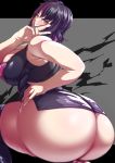  1girl ass bare_shoulders black_hair breasts clenched_teeth commission earrings from_behind grey_background huge_ass huge_breasts jewelry kandata_nijou looking_at_viewer original pink_hair short_hair solo teeth twintails v 
