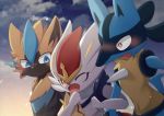  blue_eyes blush cinderace cloud commentary_request furry gen_4_pokemon gen_7_pokemon gen_8_pokemon locked_arms looking_at_another lucario mythical_pokemon nata_de_coco_(pankptomato) one_eye_closed open_mouth outdoors pokemon pokemon_(creature) sky spikes tongue yellow_fur zeraora 