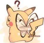 ? a_irismon artist_name butterfree closed_mouth commentary english_commentary gen_1_pokemon insect_wings looking_back pikachu pokemon pokemon_(creature) sparkle watermark wavy_mouth wings 