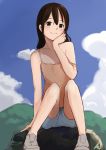  1girl 73suke absurdres blue_sky breasts casual cloud day grey_footwear grey_shorts hand_on_own_face highres looking_at_viewer medium_breasts mountain orange_tank_top original outdoors rock shoes shorts sitting sky smile sneakers solo strap_slip tank_top 