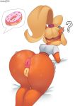  ? absurd_res activision all_fours anthro anus bandicoot big_butt blonde_hair bottomless butt clothed clothing coco_bandicoot crash_bandicoot_(series) dessert dongitos doughnut ear_piercing ear_ring eyewear female food genitals goggles hair hi_res kneeling mammal marsupial orange_body partially_clothed piercing ponytail presenting presenting_anus presenting_hindquarters presenting_pussy puckered_anus puffy_anus pussy shirt simple_background solo speech_bubble thick_thighs topwear video_games white_background wide_hips 