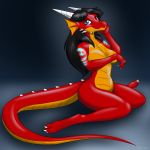  1:1 2021 anthro black_hair breasts deiser dragon female hair halcy0n hi_res horn nude red_body scalie simple_background smile solo spiked_tail spikes spikes_(anatomy) 