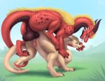  anal balls bodily_fluids cum cum_in_ass cum_inside dialogue domination dragon feral feral_on_feral from_behind_position genital_fluids genitals half-erect hi_res knot male male/male morca_(character) mounting naaras naive_tabby penis scalie sex slit text western_dragon 