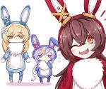  3girls amber_(genshin_impact) animal_ears bangs baron_bunny blonde_hair blush blush_stickers brown_eyes brown_hair bunny_ears cosplay costume eyebrows_visible_through_hair flower genshin_impact hair_between_eyes hair_flower hair_ornament highres jiangshi kigurumi long_hair looking_at_viewer lumine_(genshin_impact) multiple_girls ofuda one_eye_closed open_mouth purple_eyes purple_hair qiqi reizouko smile staring white_background white_flower yellow_eyes 