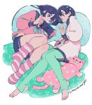  2girls aqua_legwear black_hair black_sailor_collar black_shorts blue_eyes brown_eyes chips food glowing hair_ornament hairclip handheld_game_console long_hair long_sleeves lying midriff_peek multiple_girls on_side original pink_legwear pink_nails pink_shirt puffy_long_sleeves puffy_sleeves sailor_collar shirt shorts signature socks striped striped_legwear thighhighs umishima_senbon white_shirt 