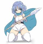  1girl bangs bare_shoulders blue_cape blue_eyes blue_hair boots cape closed_mouth dragon_quest dragon_quest_monsters dragon_quest_monsters_plus dress elbow_gloves eyebrows_visible_through_hair facial_mark fingerless_gloves forehead_mark full_body gloves grey_gloves hair_between_eyes holding holding_spear holding_weapon karukan_(monjya) kneeling low_twintails marumo parted_bangs polearm shadow solo spear strapless strapless_dress thigh_boots thighhighs twintails weapon white_background white_dress white_footwear white_legwear 