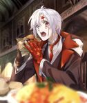  1boy allen_walker black_jacket blue_eyes blurry blurry_background blurry_foreground d.gray-man eating facial_mark food hamburger heterochromia highres holding holding_food indoors jacket long_sleeves male_focus necktie noan omurice open_mouth red_eyes red_neckwear shiny shiny_hair shirt short_hair silver_hair sitting solo white_shirt 