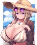  1girl arknights beach bikini bikini_under_clothes blonde_hair breasts cleavage covered_nipples eyebrows_visible_through_hair eyewear_on_head hat highres huge_breasts jacket jewelry looking_at_viewer necklace open_clothes open_jacket purple_eyes standing straw_hat swimsuit tied_hair upper_body utage_(arknights) yuuki_shuri 