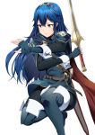  1girl ameno_(a_meno0) blue_eyes blue_hair cape elbow_gloves falchion_(fire_emblem) fighting_stance fingerless_gloves fire_emblem gloves highres long_hair lucina_(fire_emblem) simple_background smile solo sword symbol-shaped_pupils tiara weapon white_background 