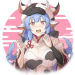  1girl animal_ears animal_print bangs bare_shoulders bikini blue_hair blush breasts cleavage cow_ears cow_girl cow_hat cow_horns cow_print draph ear_piercing egasumi granblue_fantasy hinami_(hinatamizu) horns large_breasts long_hair looking_at_viewer open_mouth piercing revision shatola_(granblue_fantasy) sheer_clothes solo swimsuit white_bikini wide_sleeves yellow_eyes 