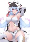  1girl :o absurdres animal_ears animal_print arms_behind_head bangs blue_hair blunt_bangs breasts cleavage commentary_request cow_ears cow_hat cow_print cow_tail draph ear_piercing earrings eyebrows_visible_through_hair gradient_hair granblue_fantasy highres jewelry large_breasts looking_at_viewer multicolored_hair na-code_(gurich) navel piercing pink_hair red_eyes shatola_(granblue_fantasy) shorts simple_background sitting solo stomach tail thighhighs unbuttoned unbuttoned_shorts white_background white_legwear white_shorts 