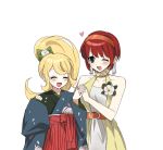  2girls 3tn_63 :d bangs bare_arms bare_shoulders blonde_hair blush bow cat_hair_ornament closed_eyes collarbone commentary_request danganronpa_(series) danganronpa_2:_goodbye_despair dress floral_print flower green_bow grey_background hair_bow hair_ornament hand_up happy heart holding_hands japanese_clothes kimono koizumi_mahiru long_hair looking_at_another multiple_girls official_alternate_costume one_eye_closed open_mouth pale_skin ponytail print_kimono red_hair saionji_hiyoko short_hair simple_background sleeves_past_wrists smile striped white_flower 