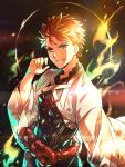  1boy bangs emiya_shirou fate/grand_order fate_(series) grin light limited/zero_over looking_at_viewer male_focus nagatekkou red_hair rope sengo_muramasa_(fate) shimenawa smile solo upper_body wide_sleeves wind yellow_eyes yonetuki 