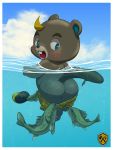  3:4 animal_crossing anthro assisted_exposure beaver butt c.j._(animal_crossing) fish hi_res lkiws male mammal marine nintendo pantsing rodent video_games water 