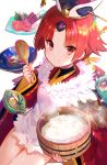  1girl apron benienma_(fate/grand_order) fate/grand_order fate_(series) food fuzichoco highres meat ohitsu red_eyes red_hair rice rice_spoon shrimp smile soup sparkle wide_sleeves 