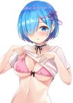  1girl :o bikini bikini_under_clothes blue_eyes blue_hair blush breasts cleavage collarbone frills hair_ornament hair_over_one_eye hair_ribbon kohana_(princessxhana) lifted_by_self medium_breasts navel neck_garter parted_lips pink_bikini purple_ribbon re:zero_kara_hajimeru_isekai_seikatsu rem_(re:zero) ribbon shirt_lift short_hair short_sleeves simple_background solo swimsuit underboob white_background x_hair_ornament 