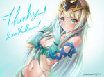  1girl alternate_hair_length alternate_hairstyle artist_name bangs bare_shoulders blonde_hair blue_eyes blue_hair blush breasts clear_glass_(mildmild1311) cleavage closed_mouth commentary_request earrings elbow_gloves fire_emblem fire_emblem_heroes fjorm_(fire_emblem) gloves gradient gradient_background gradient_gloves gradient_hair highres jewelry long_hair looking_at_viewer medium_breasts multicolored_hair navel simple_background smile solo stomach tiara upper_body 