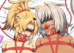  2girls animal_print ball_gag bangs bare_shoulders bdsm bed_sheet black_blindfold blindfold blonde_hair bondage bound braid breasts caenis_(fate) collar collarbone commentary_request cow_print dark_skin dark_skinned_female facing_viewer fake_horns fate/grand_order fate_(series) gag gagged grey_hair hair_ornament hair_scrunchie horns leash long_hair lying medium_hair mordred_(fate) mordred_(fate)_(all) multiple_girls nokishita_kumoemon on_back ponytail red_collar red_rope rope saliva scrunchie shibari skindentation tied_up 