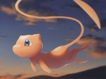  :o blue_eyes blurry cloud commentary_request flying from_side gen_1_pokemon highres mew mythical_pokemon no_humans outdoors pokemon pokemon_(creature) rend sky solo 